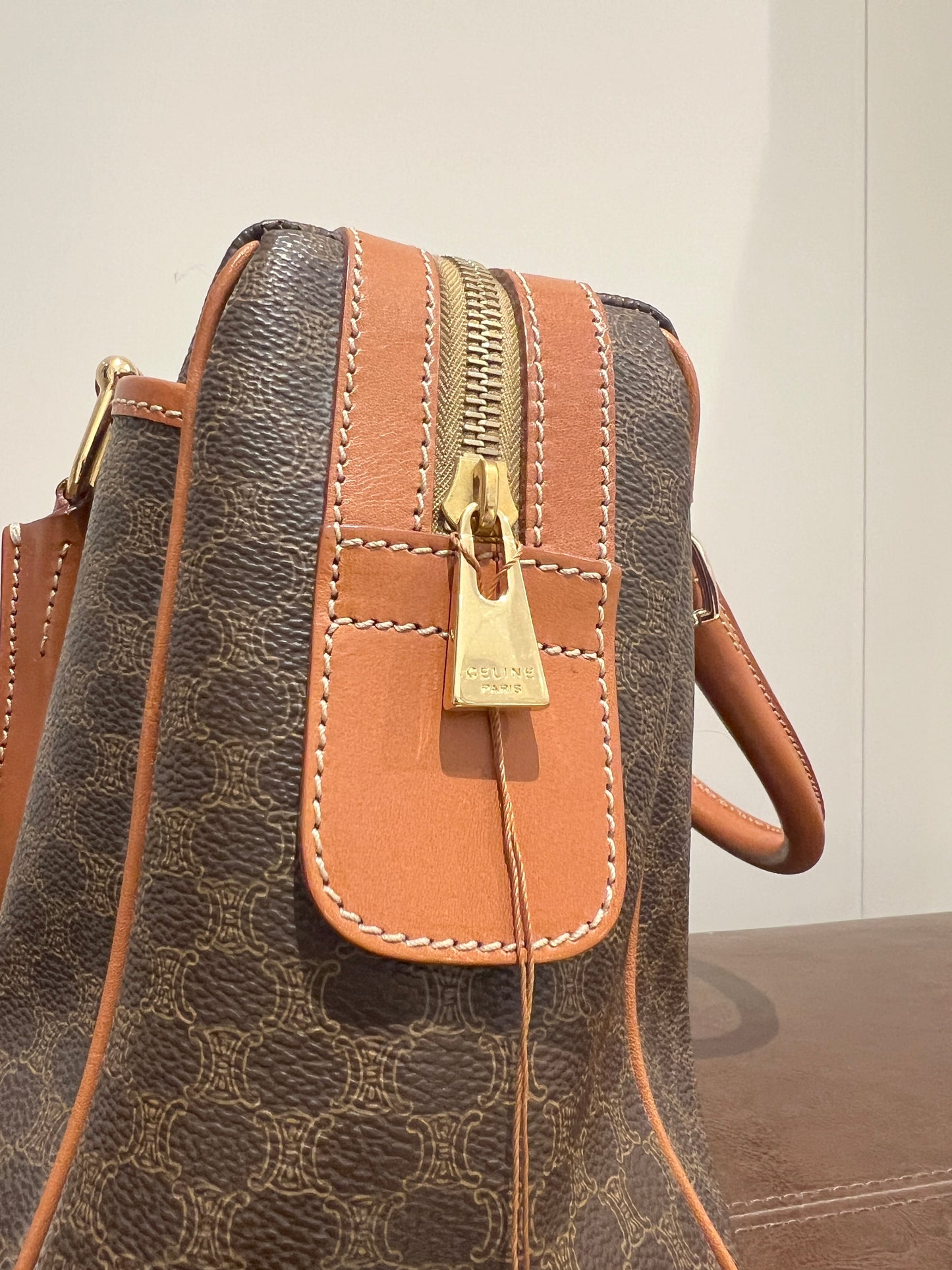 中古極美品 Celine凱旋門啡色波士頓手提袋側肩斜揹袋 送肩帶心形扣
