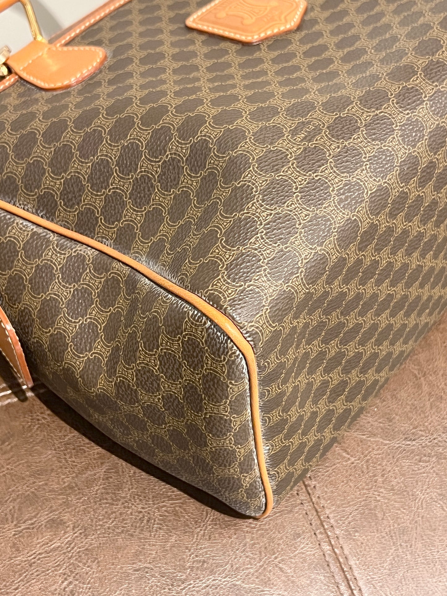 中古極美品 Celine凱旋門啡色波士頓手提袋側肩斜揹袋 送肩帶心形扣
