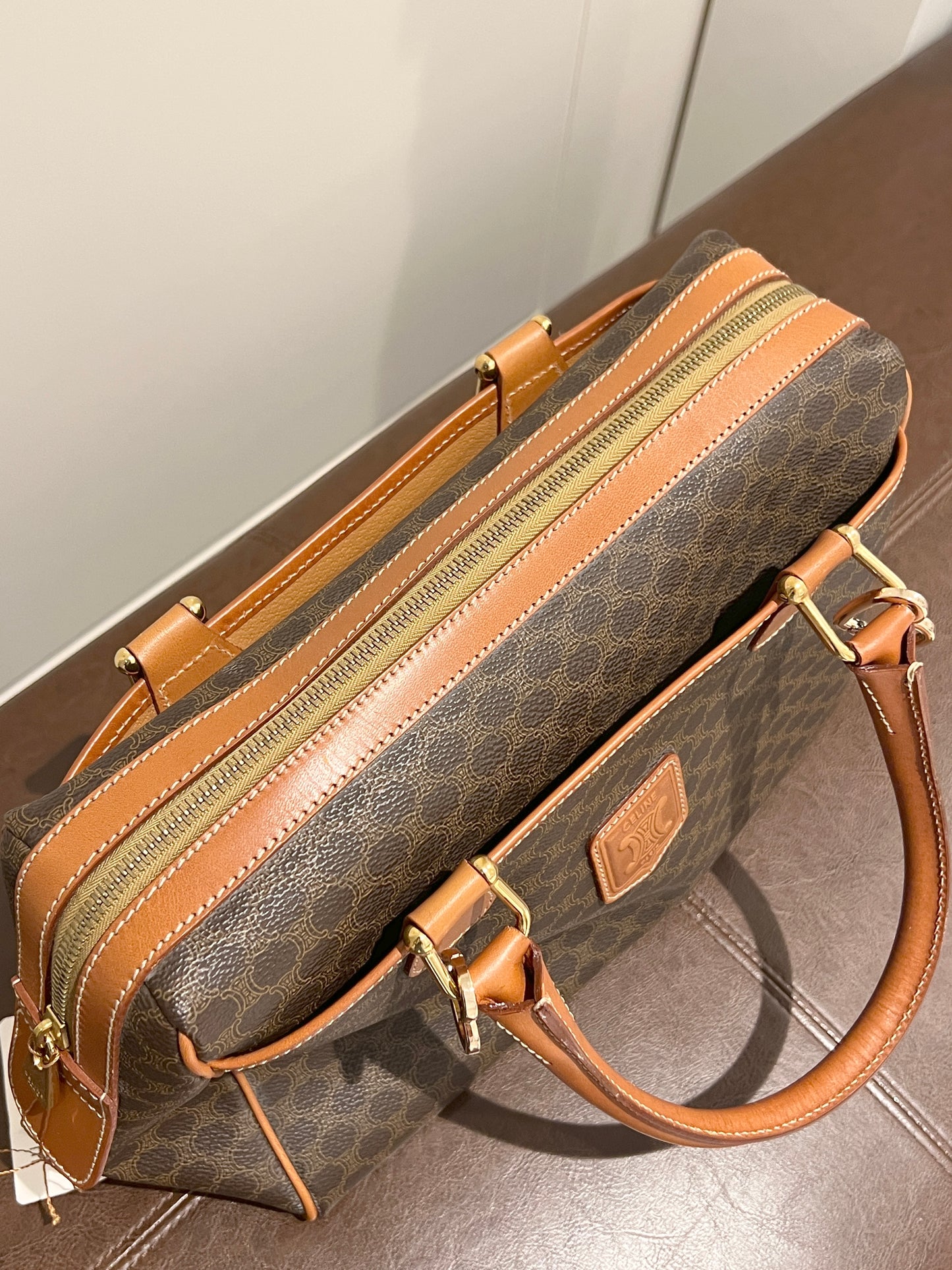 中古極美品 Celine凱旋門啡色波士頓手提袋側肩斜揹袋 送肩帶心形扣
