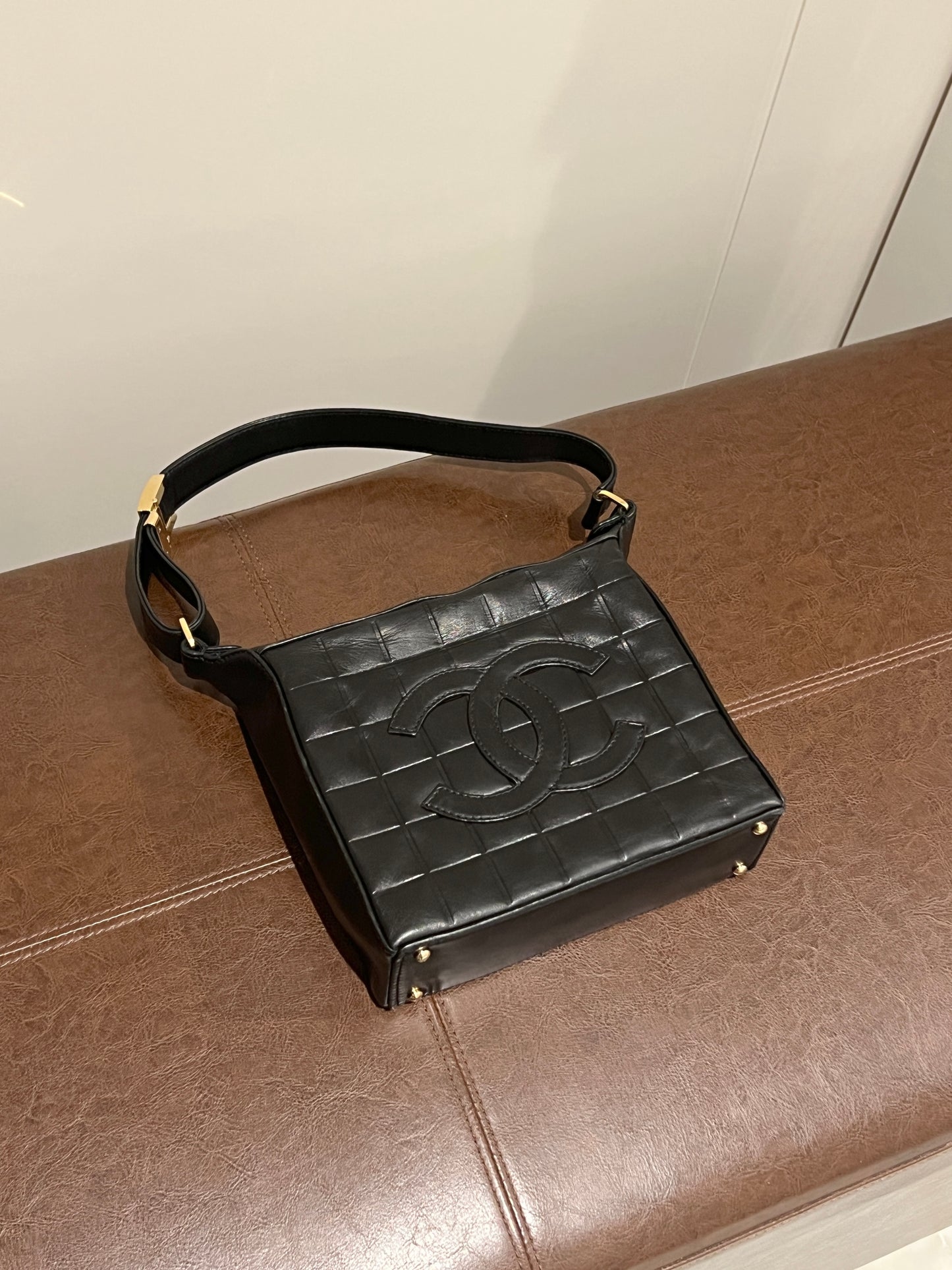 2000-2002 CHANEL中古黑色方形冰格肩背手提包 肩帶可調節 有貼