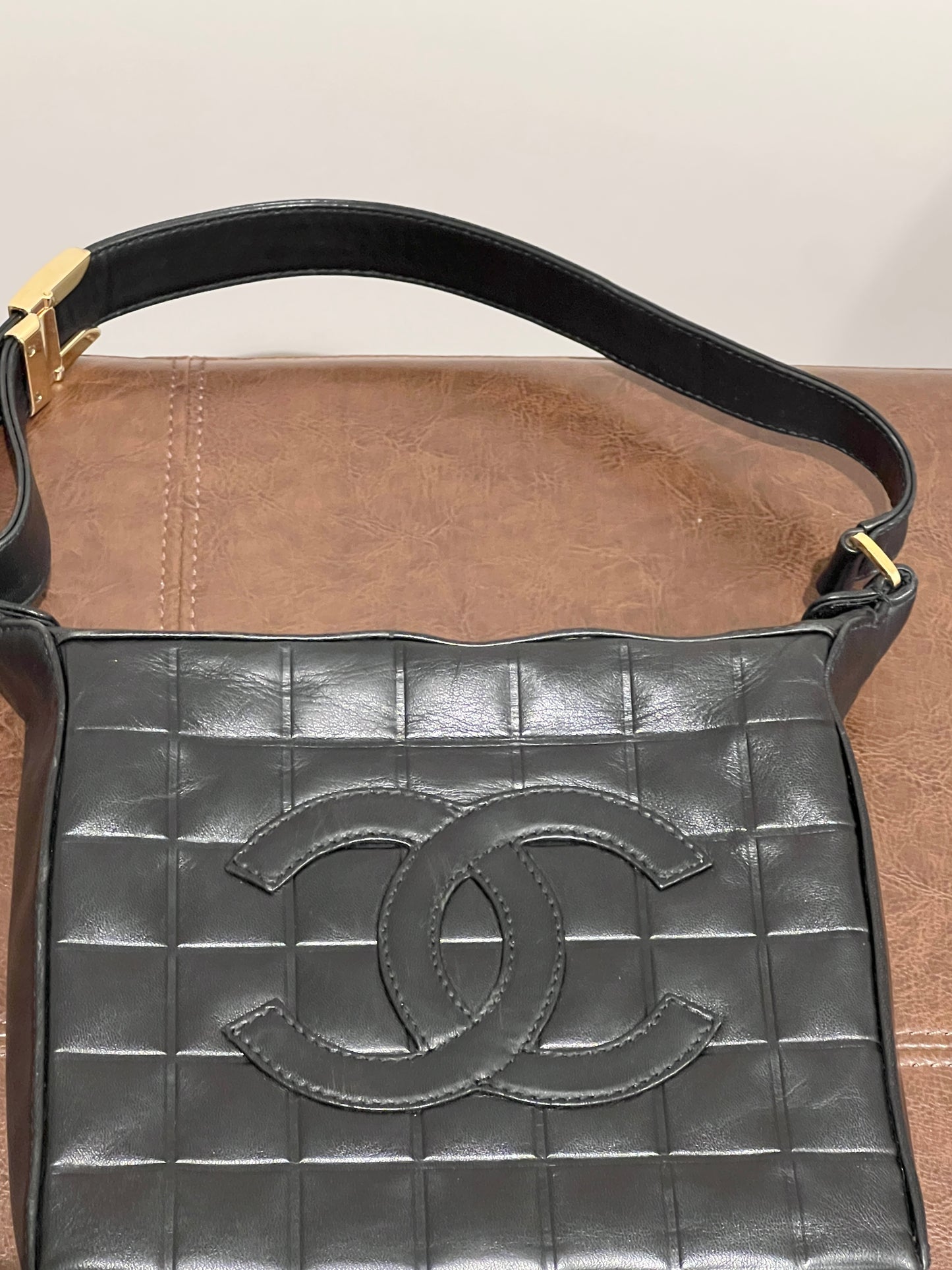 2000-2002 CHANEL中古黑色方形冰格肩背手提包 肩帶可調節 有貼