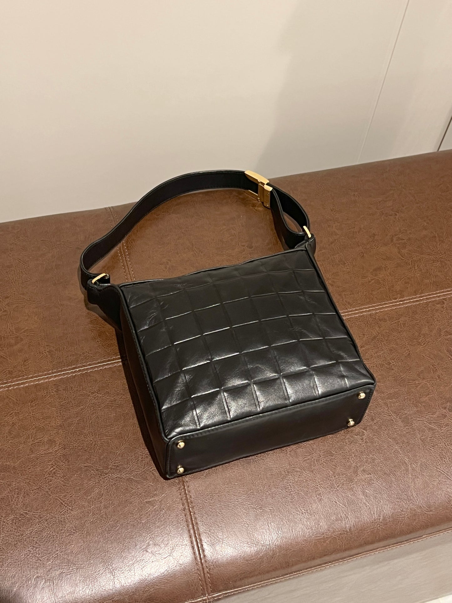 2000-2002 CHANEL中古黑色方形冰格肩背手提包 肩帶可調節 有貼