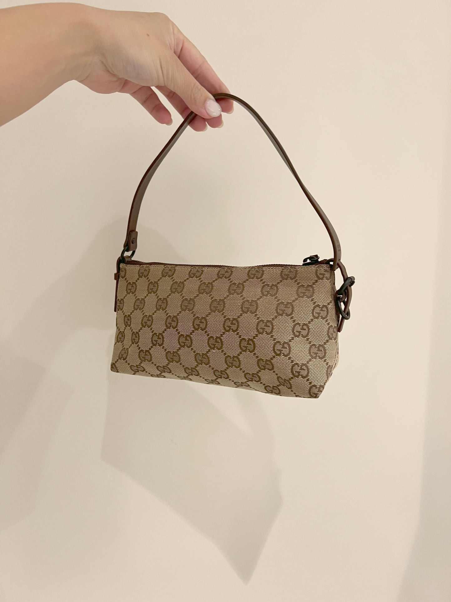 Gucci皮革手柄啡色老花手提肩背側肩袋