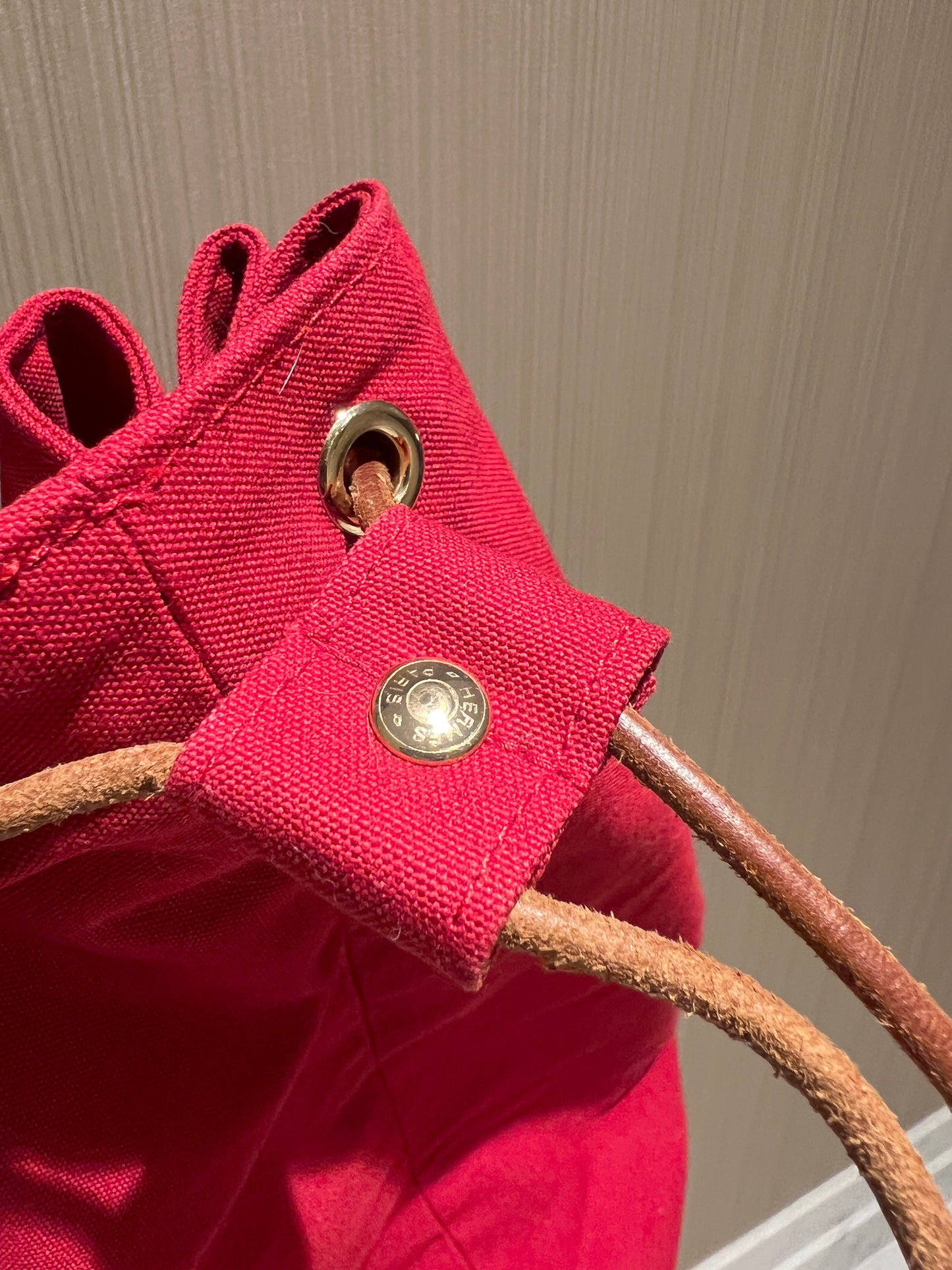 HERMES Vintage Backpack中古紅色帆布金扣皮革肩帶背包皮肩背袋