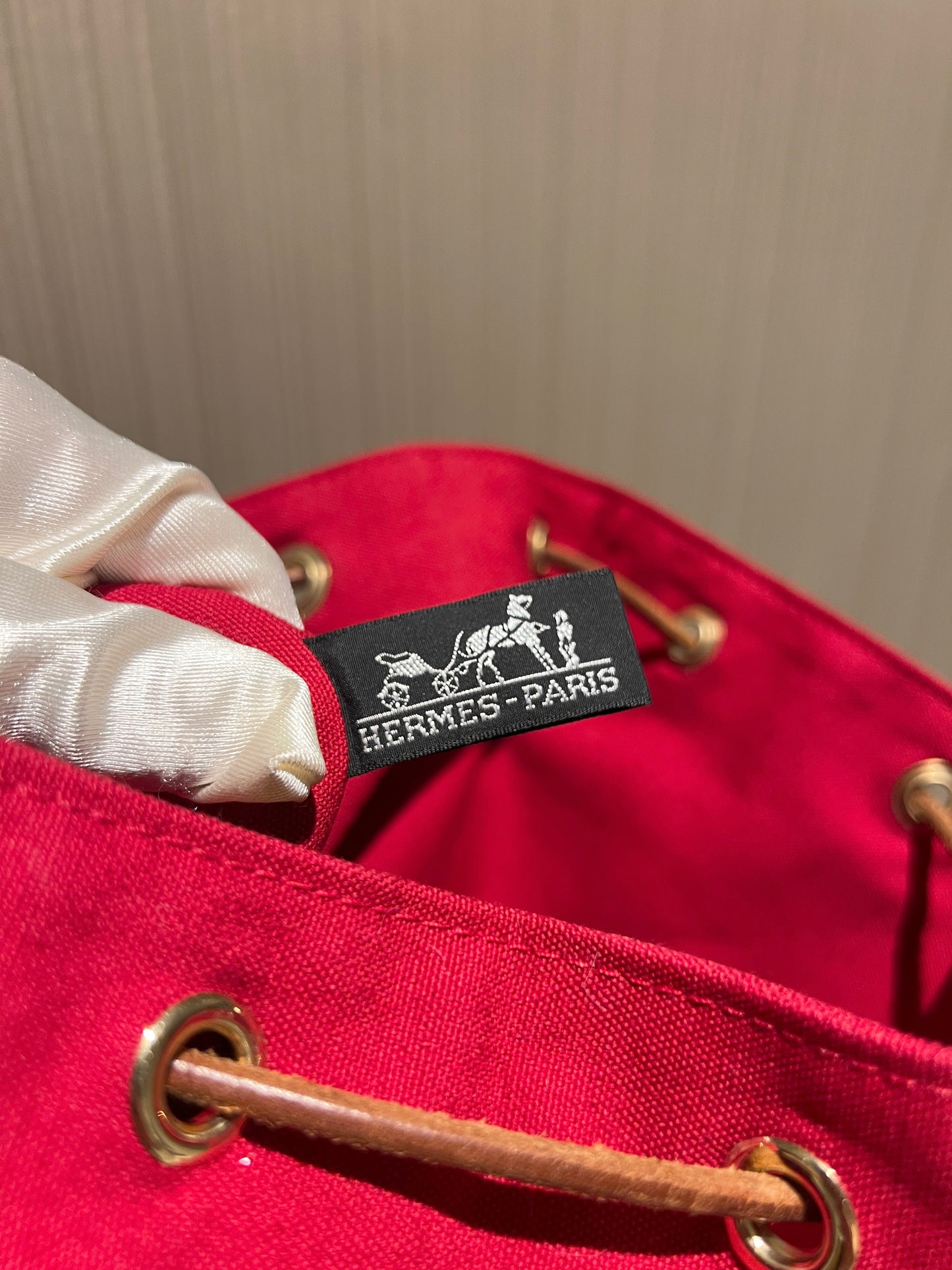 HERMES Vintage Backpack中古紅色帆布金扣皮革肩帶背包皮肩背袋