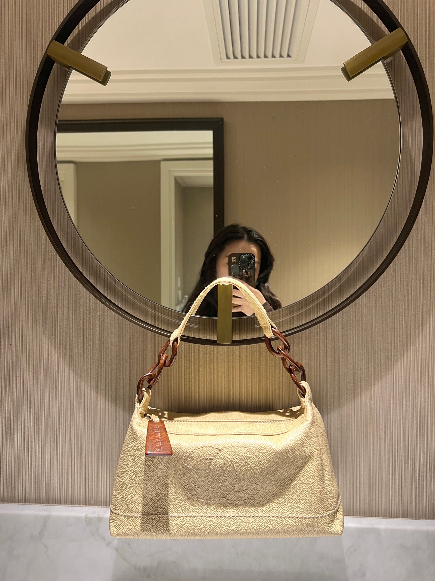 Chanel hobo絕版稀有木連接米黃色手袋肩側背包 有貼