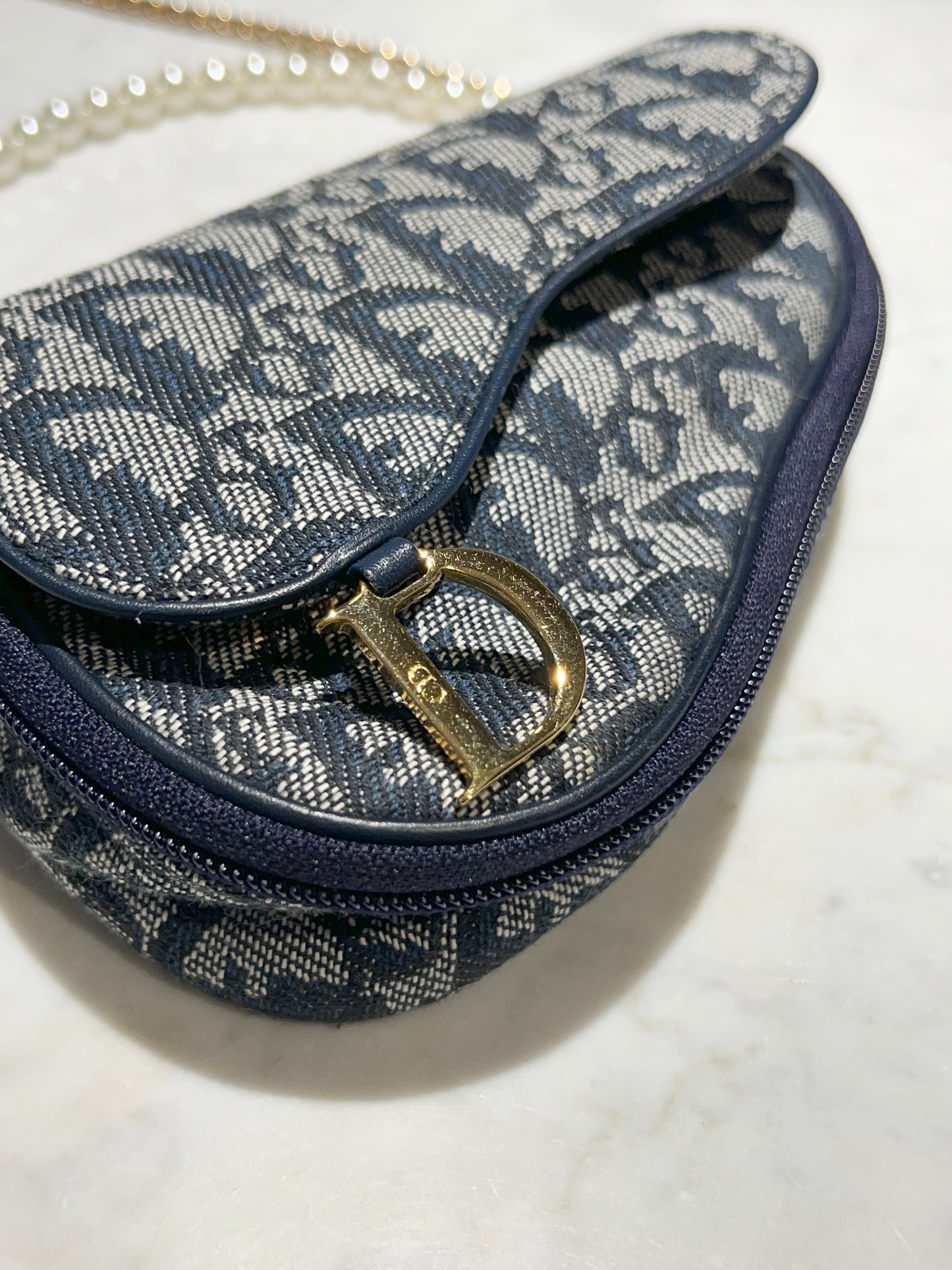 Dior Oblique Saddle藍色老花小馬鞍側背包 肩帶珍珠配飾手提鏈
