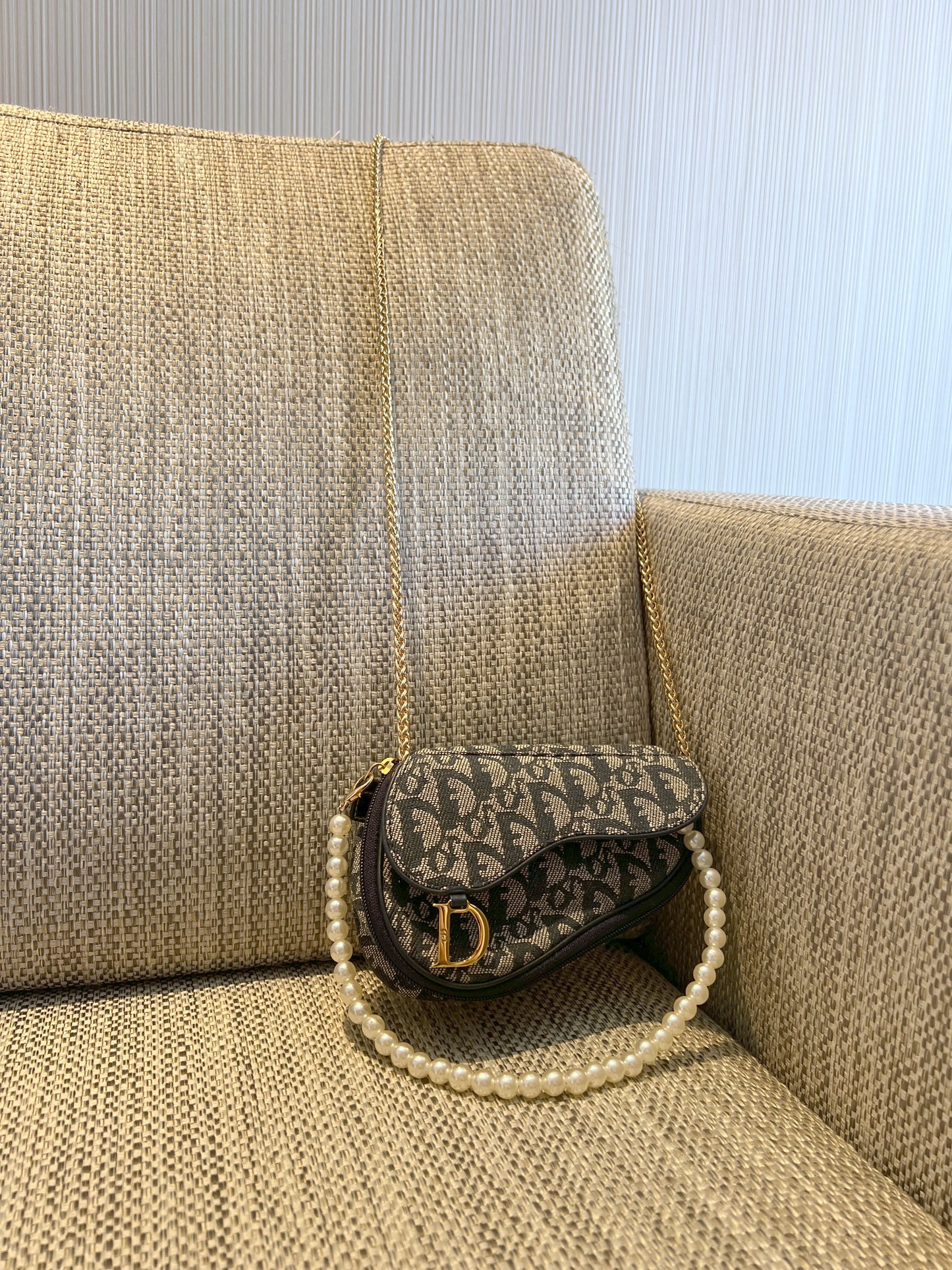 Dior Oblique Saddle藍色老花小馬鞍側背包 肩帶珍珠配飾手提鏈
