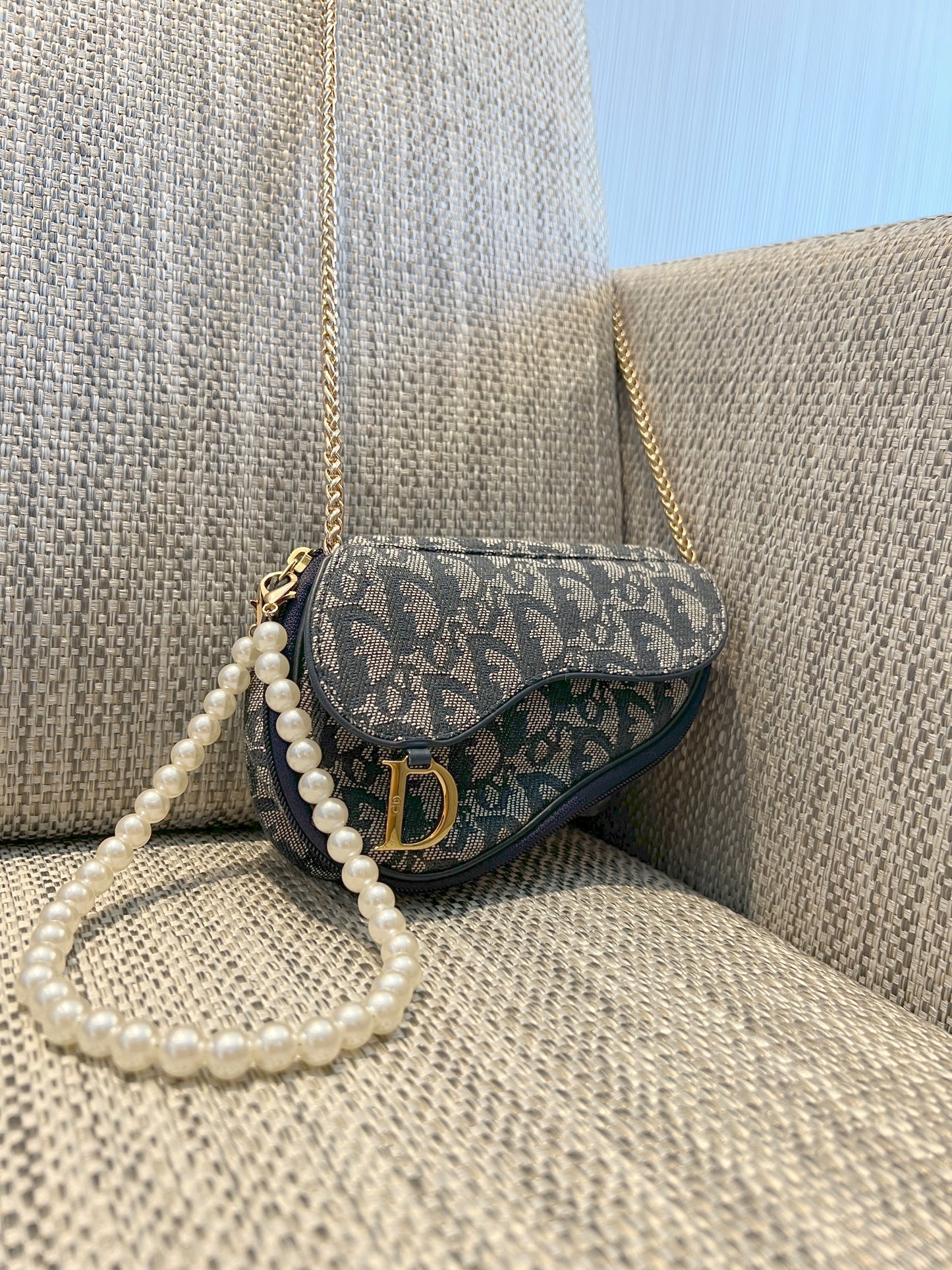 Dior Oblique Saddle藍色老花小馬鞍側背包 肩帶珍珠配飾手提鏈