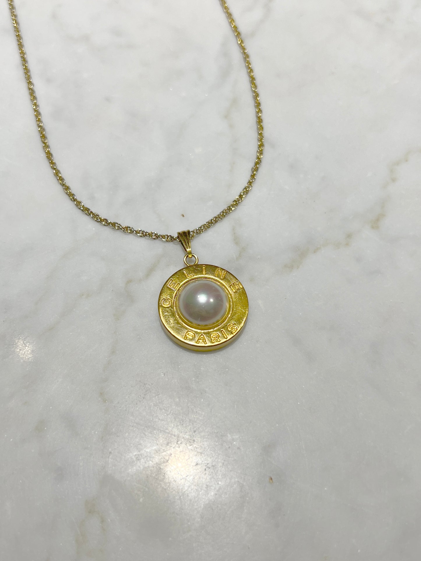 Celine 18K金環形珍珠吊墜中古頸鏈項鏈