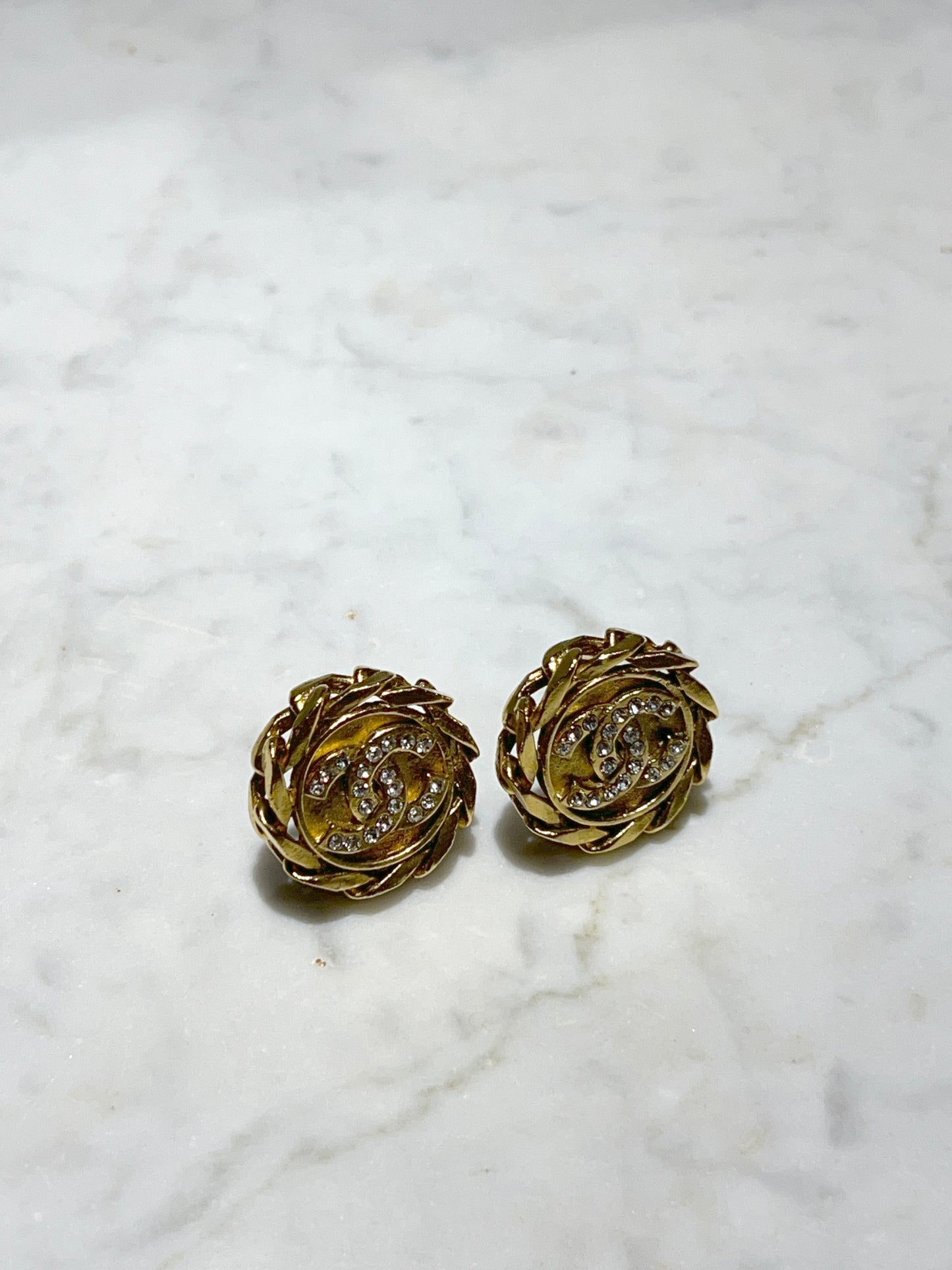 CHANEL clip-on earrings 金色水鑽鏈條耳夾 原裝盒 情人節禮物