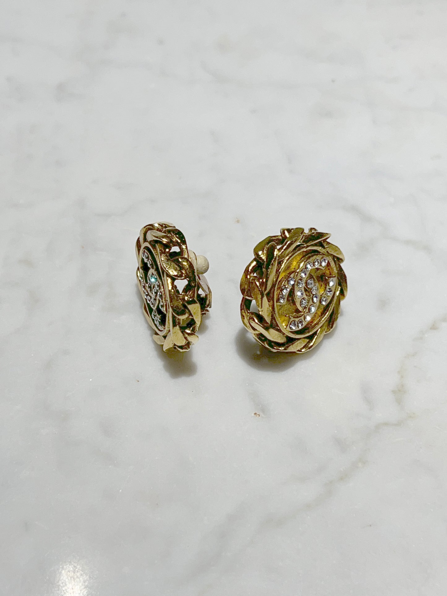 CHANEL clip-on earrings 金色水鑽鏈條耳夾 原裝盒 情人節禮物