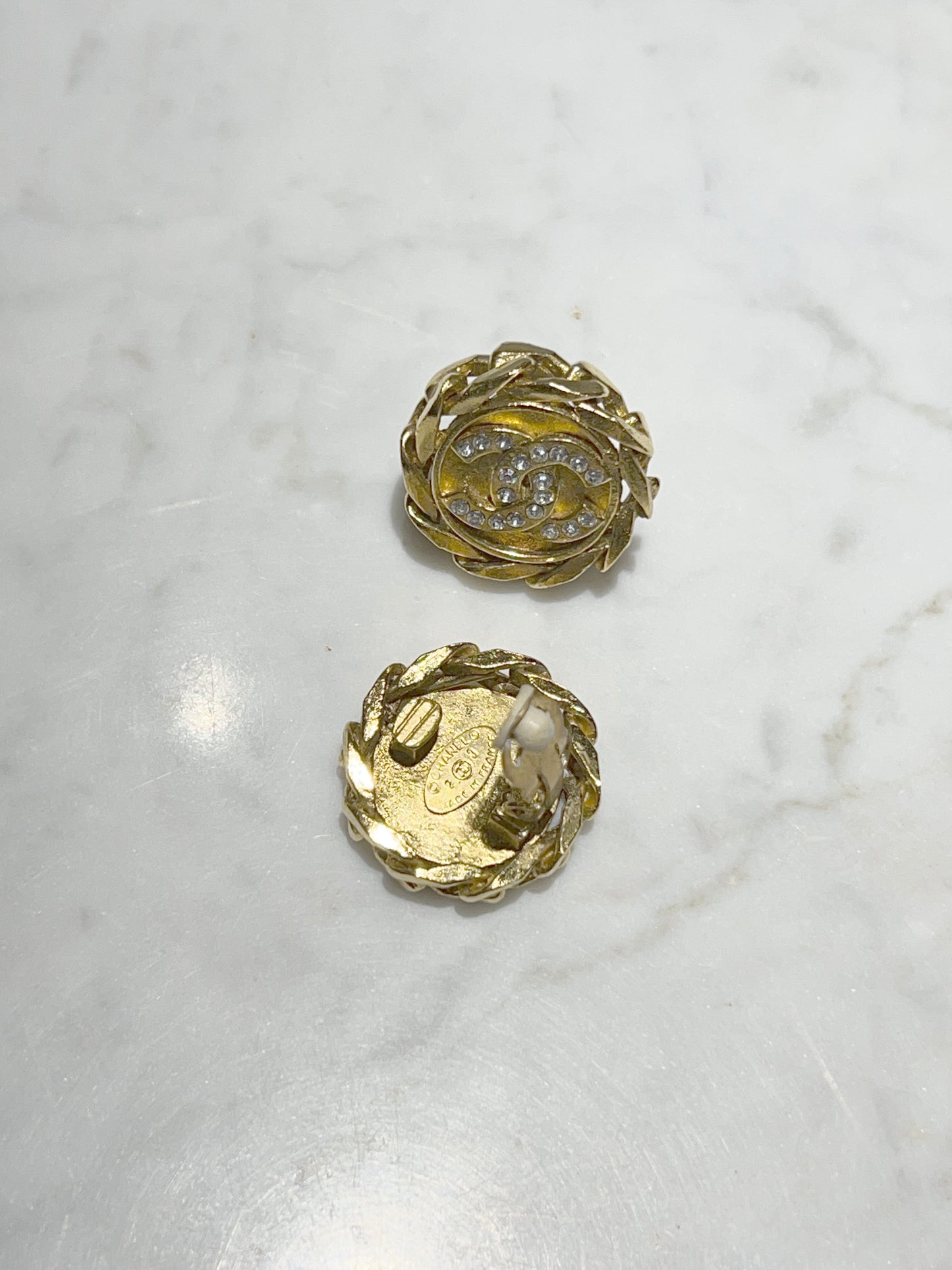 CHANEL clip-on earrings 金色水鑽鏈條耳夾 原裝盒 情人節禮物