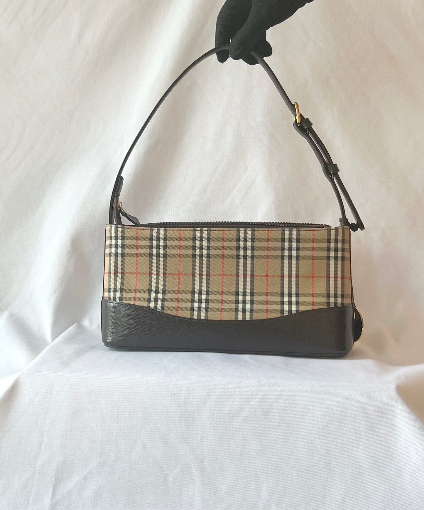 Burberry經典格仔戰馬長形啡色腋下包手提肩背袋 日本中古