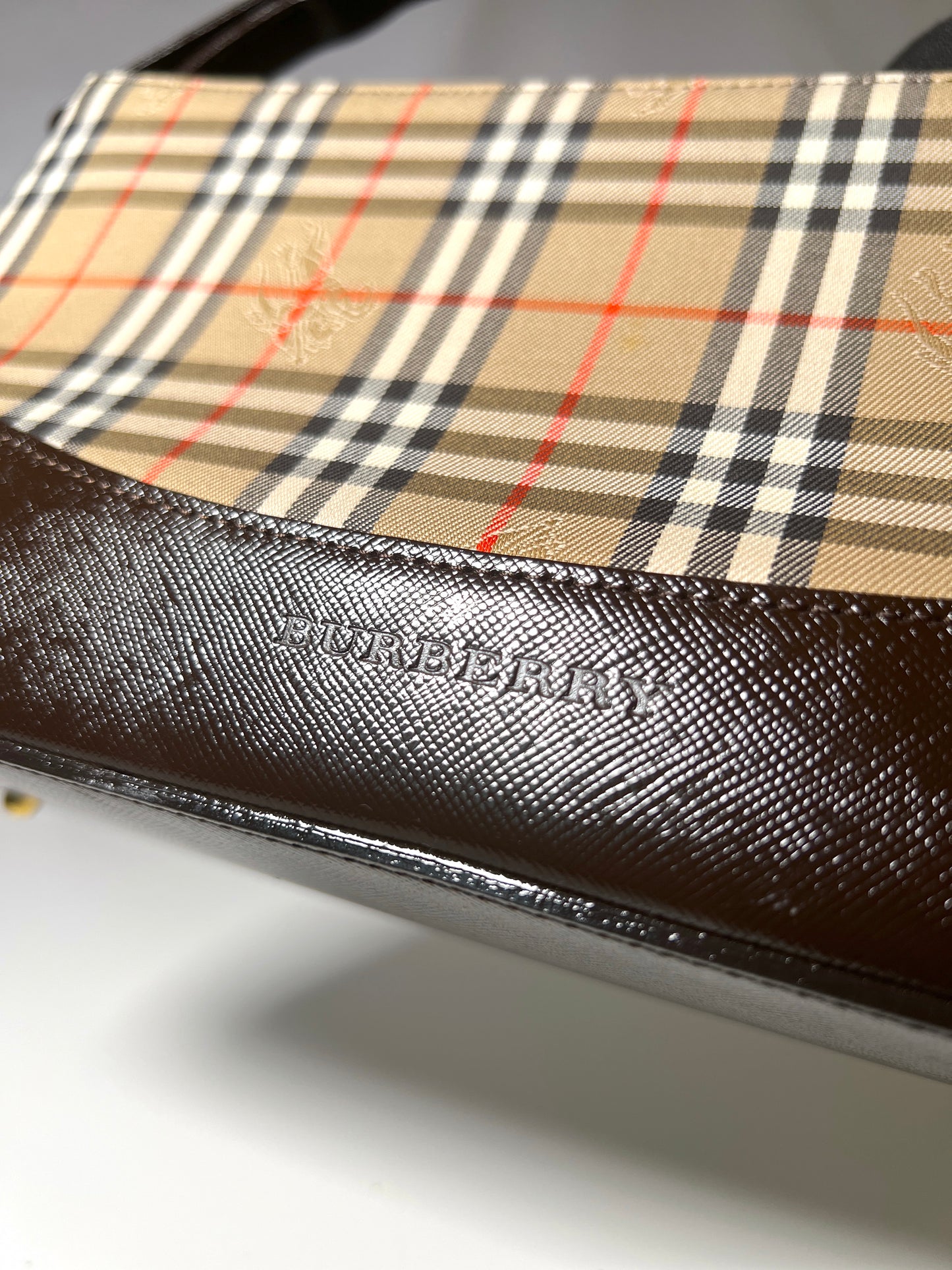 Burberry經典格仔戰馬長形啡色腋下包手提肩背袋 日本中古