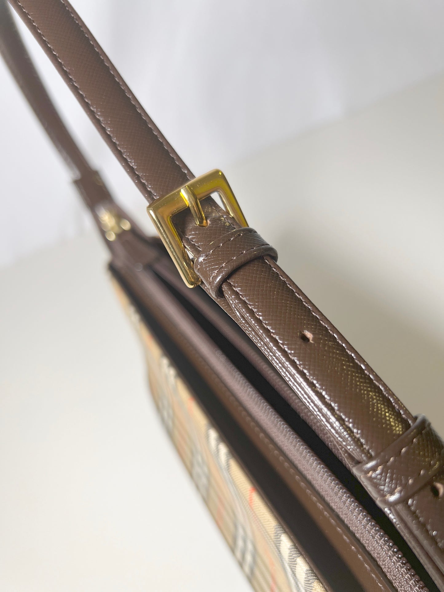 Burberry經典格仔戰馬長形啡色腋下包手提肩背袋 日本中古