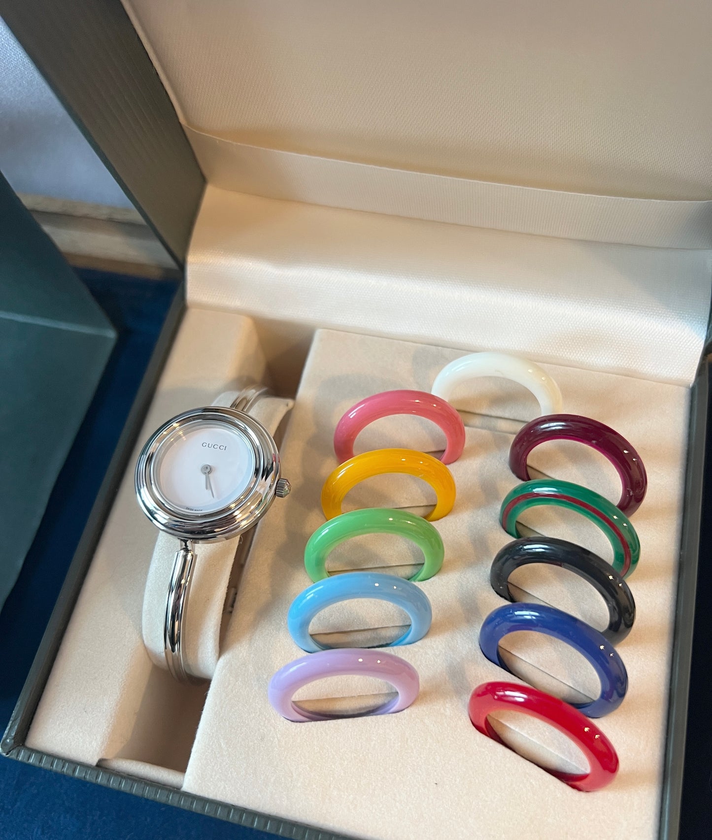 Gucci Bezel watch銀色中古手錶 12色外圈正常運作 盒保證卡書仔