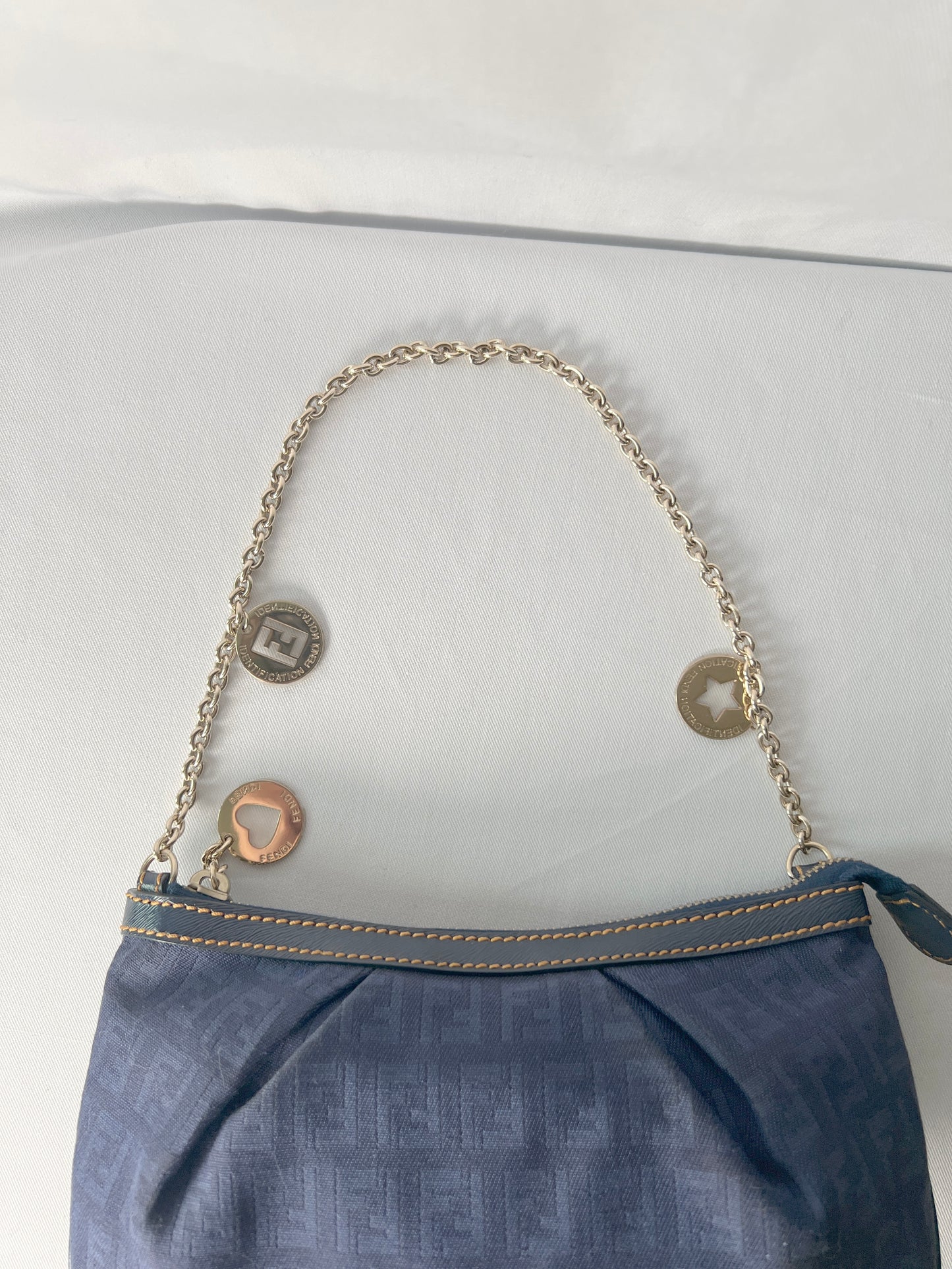 Fendi Zucca極美品深藍色老花心形星形吊飾手提袋 保證卡