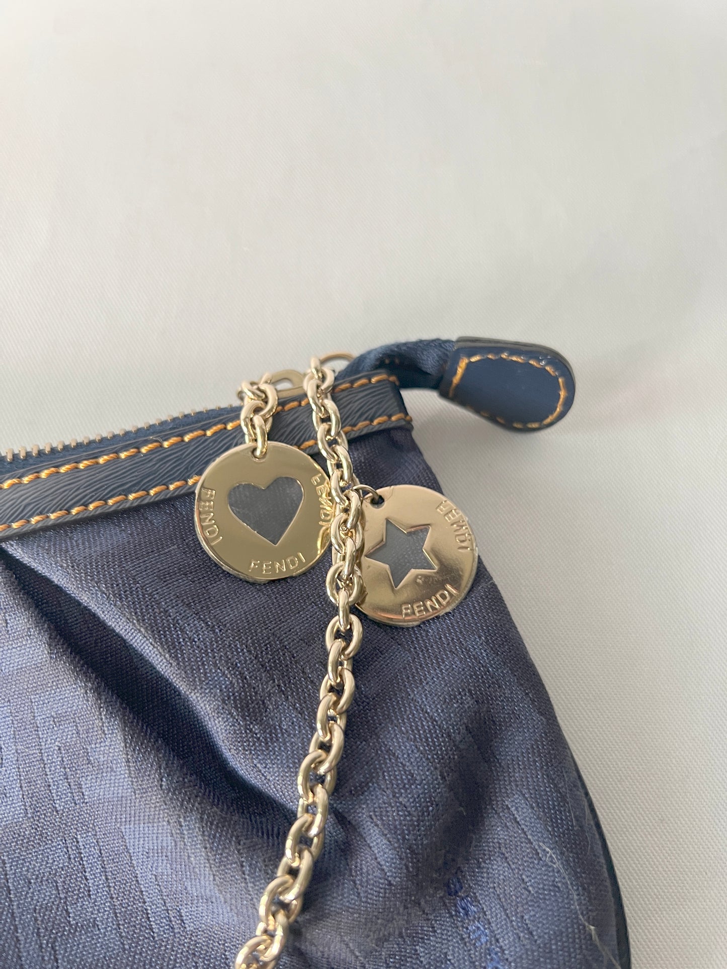 Fendi Zucca極美品深藍色老花心形星形吊飾手提袋 保證卡