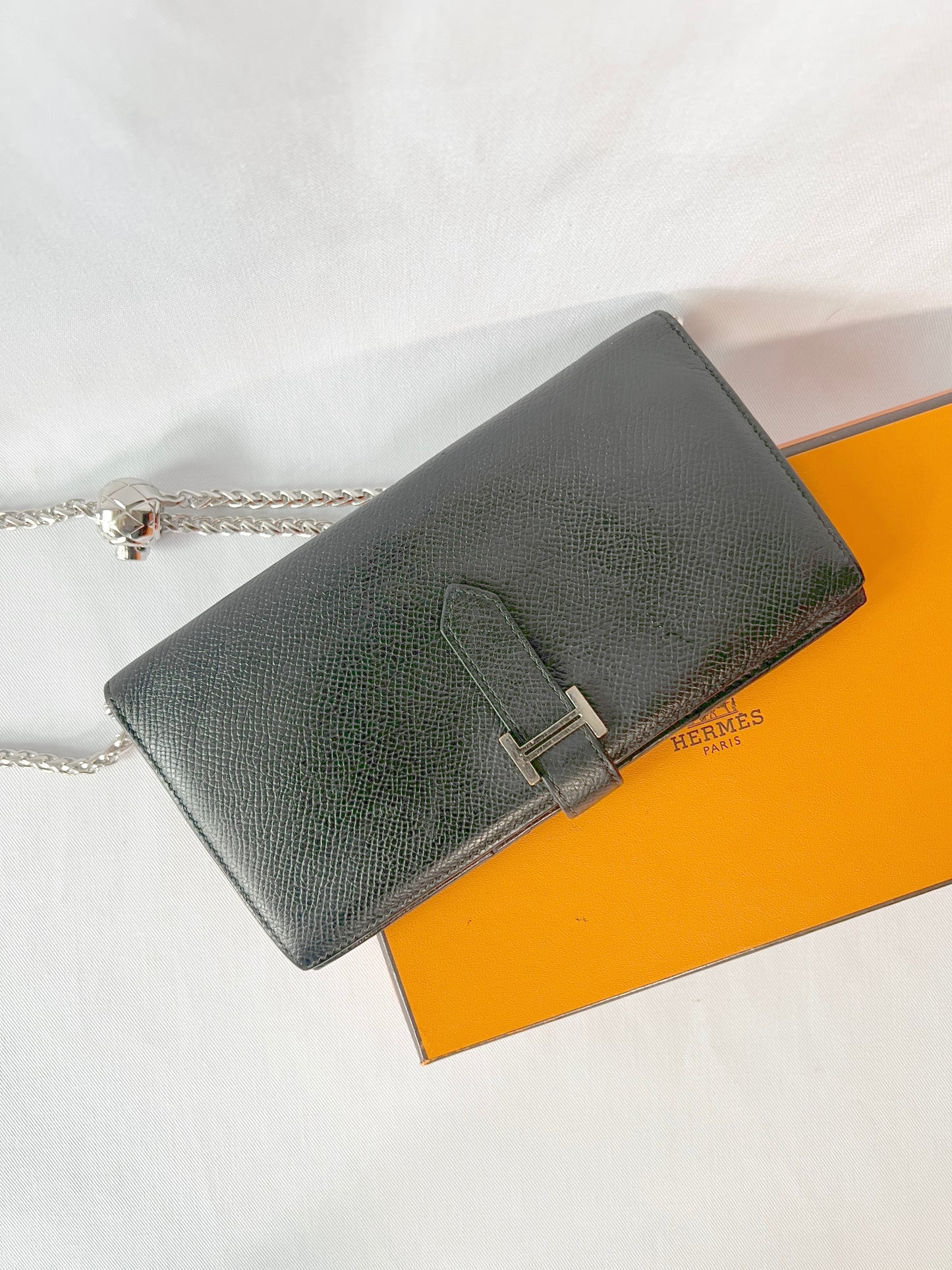 HERMES Bearn Wallet 愛馬仕牛皮金剛色黑銀扣長夾 連原裝橙盒