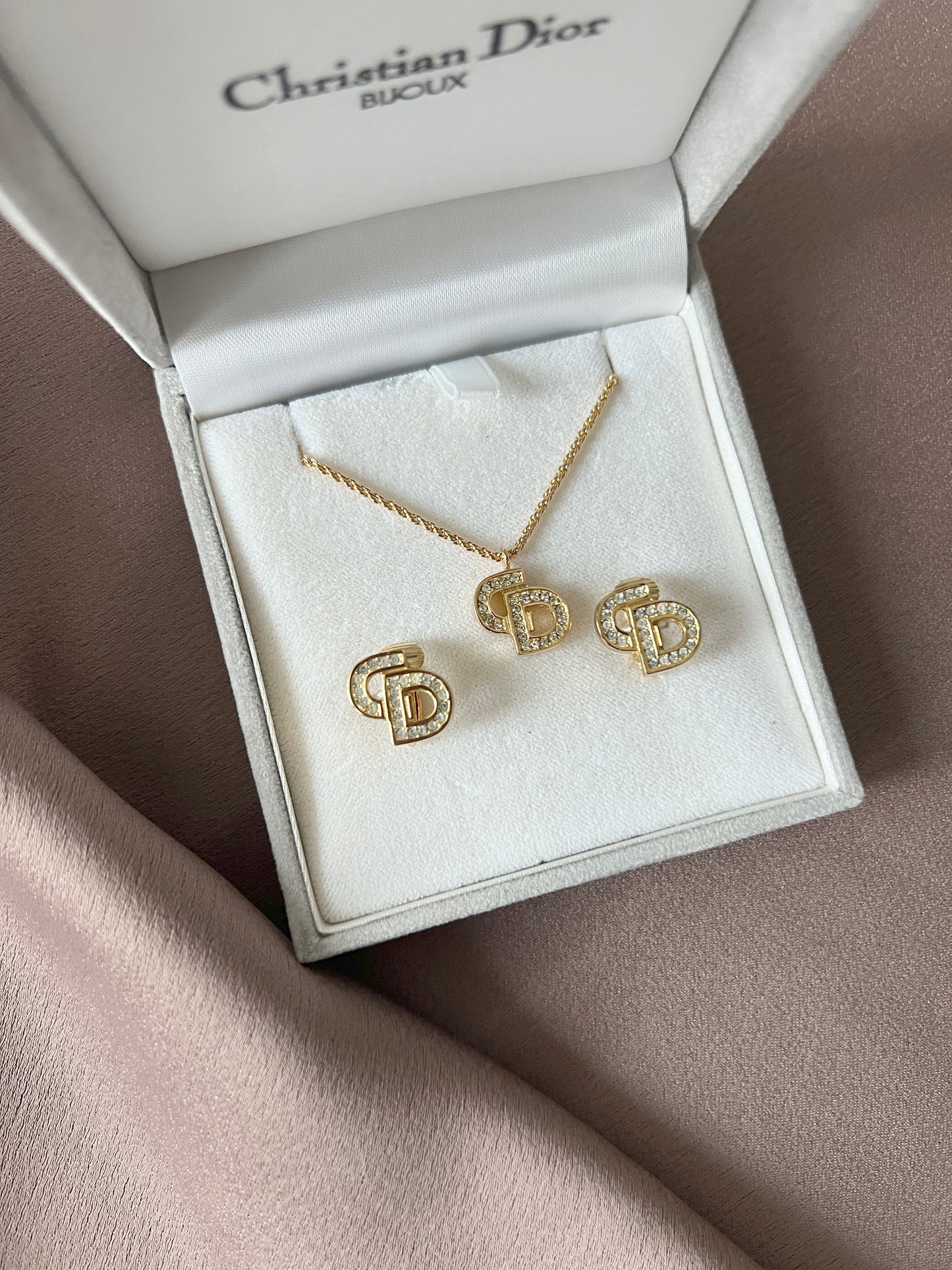 Dior鍍金經典CD水晶耳夾耳環頸鏈項鏈 極美品 日本中古vintage