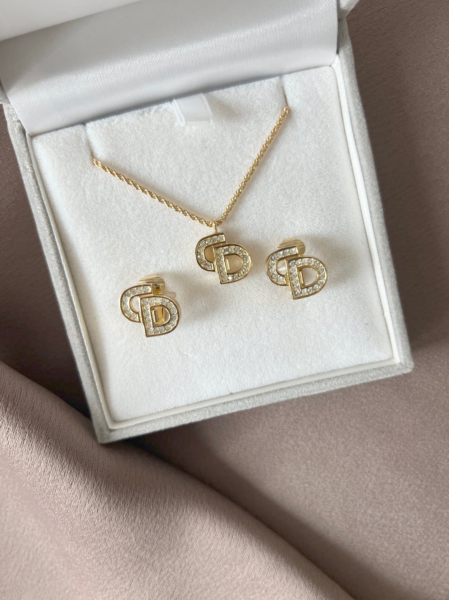 Dior鍍金經典CD水晶耳夾耳環頸鏈項鏈 極美品 日本中古vintage