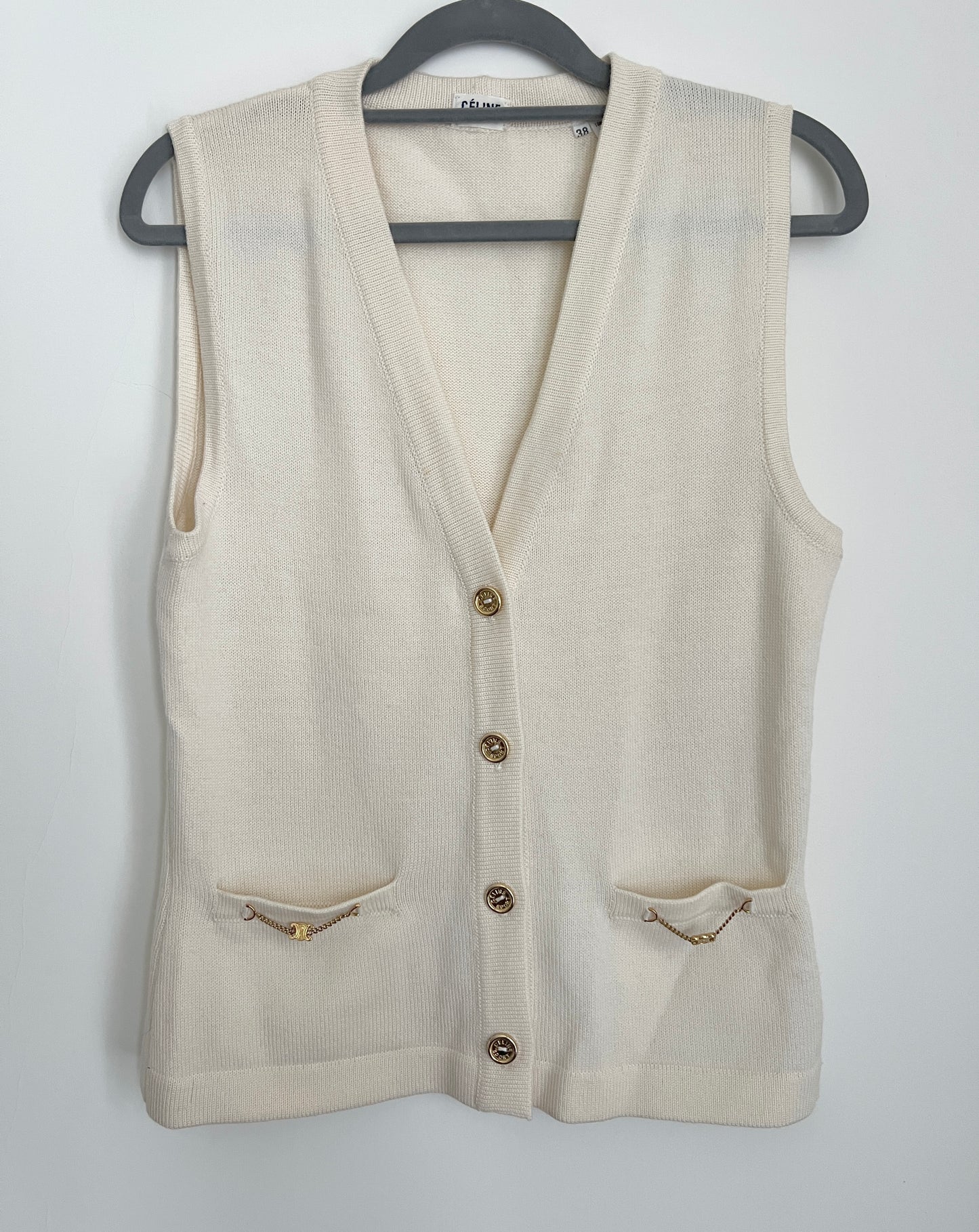 CELINE Knit Vest 極美品稀有奶白色鈕扣凱旋門掛飾口袋背心外套