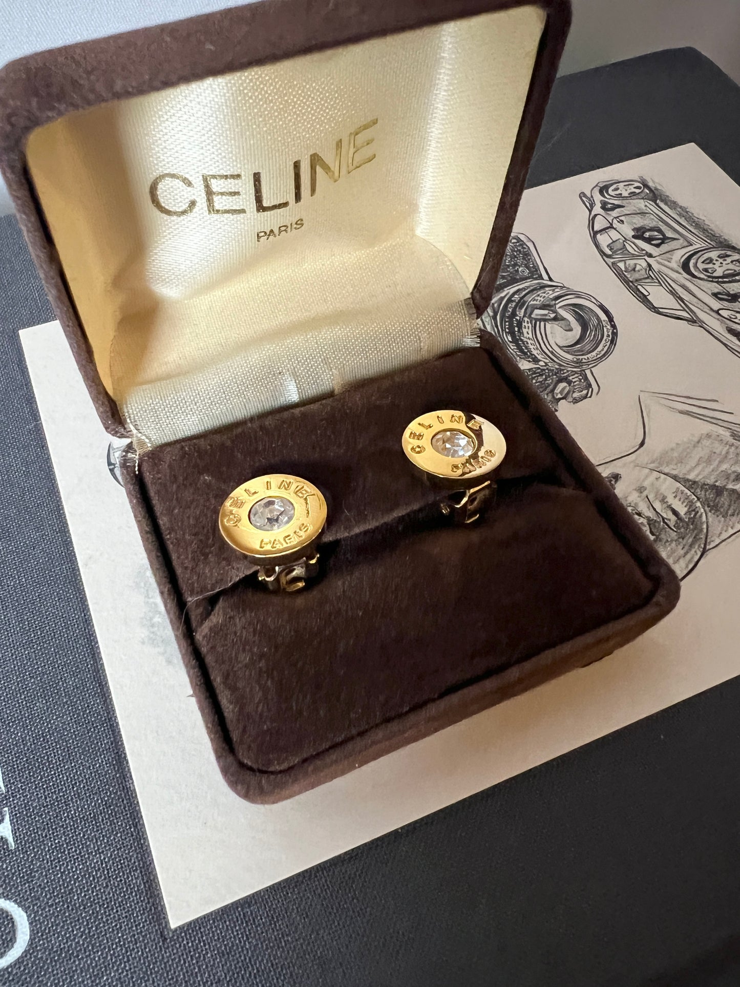 Celine Paris稀有環形水鑽耳夾耳環