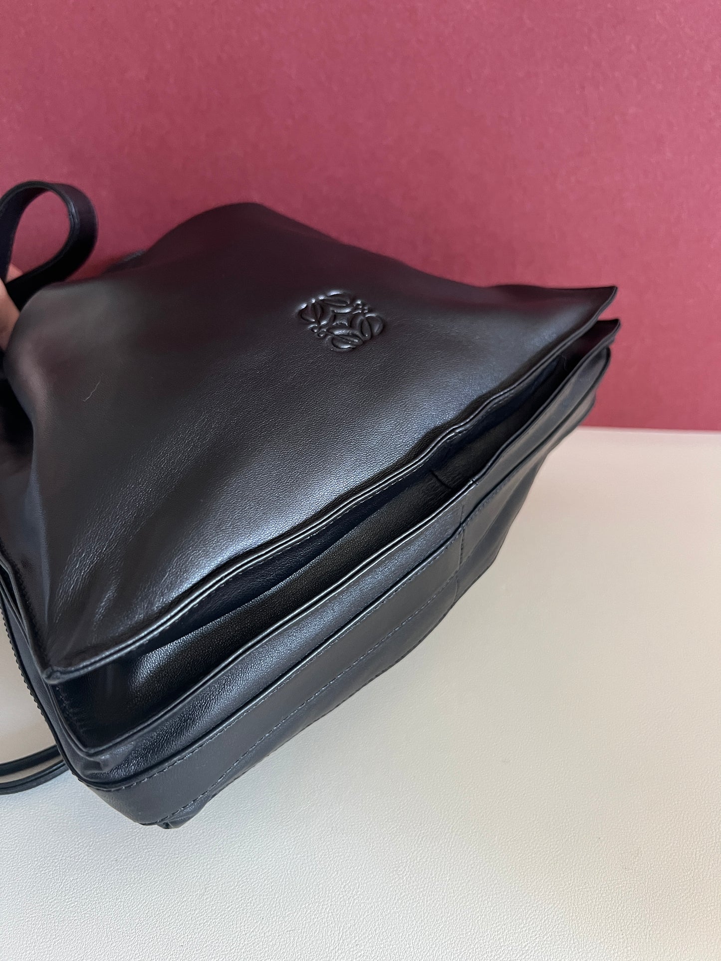 Loewe Flamenco黑色羊皮斜挎單肩束繩袋束口肩背包 日本中古二手