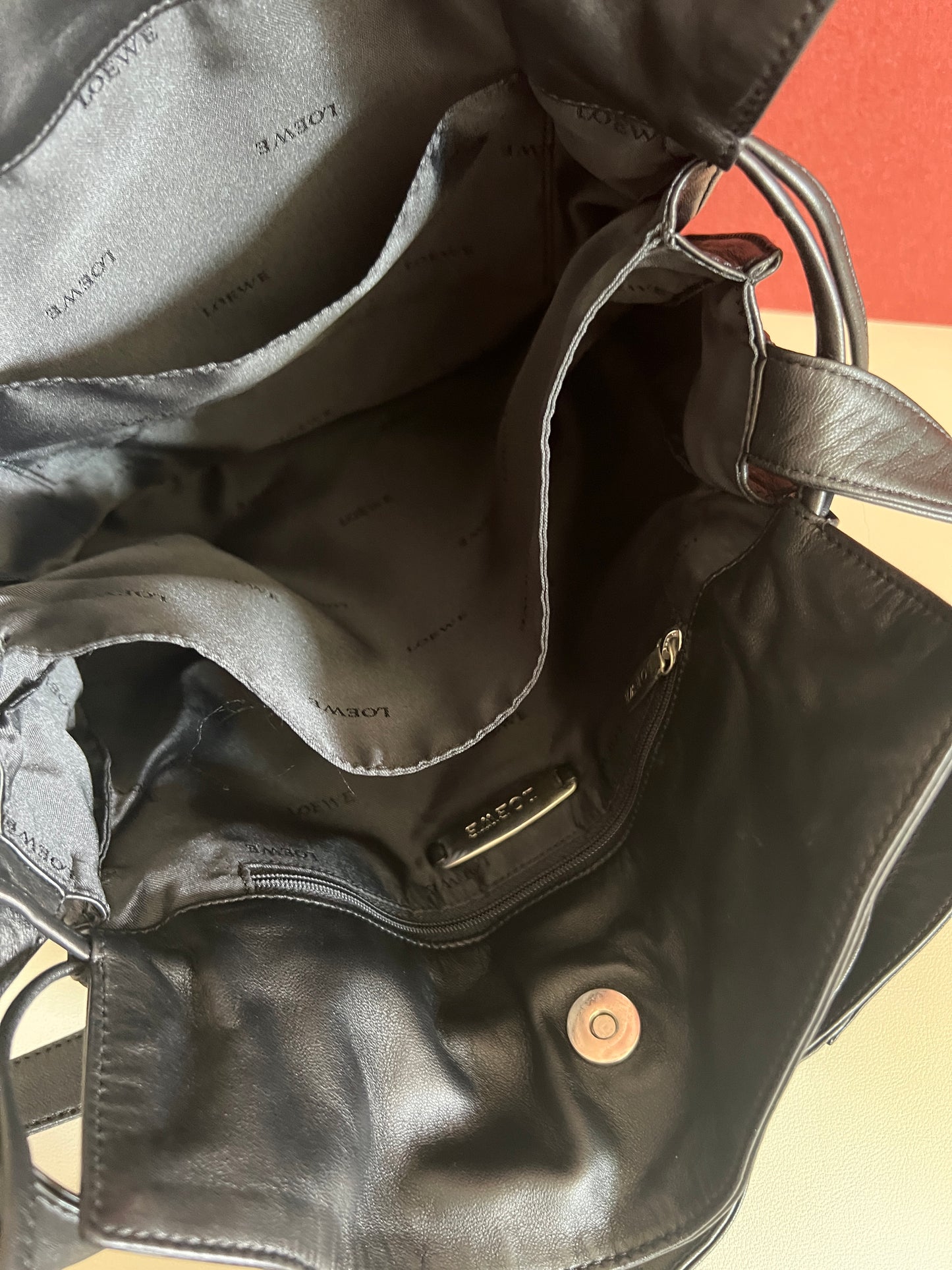 Loewe Flamenco黑色羊皮斜挎單肩束繩袋束口肩背包 日本中古二手