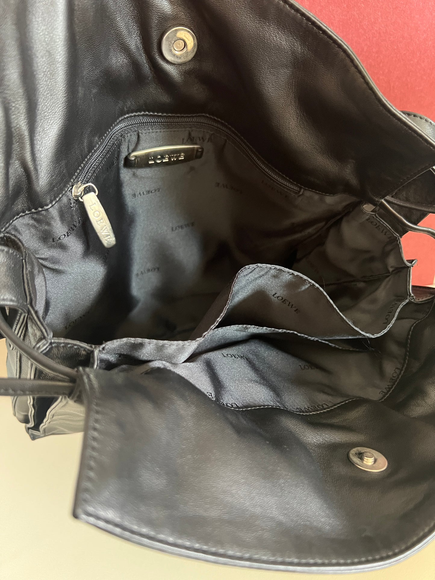 Loewe Flamenco黑色羊皮斜挎單肩束繩袋束口肩背包 日本中古二手