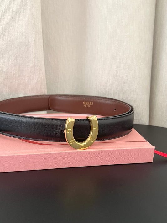 Gucci馬蹄金色皮帶扣罕有雙面啡黑色皮帶 日本中古二手Vintage