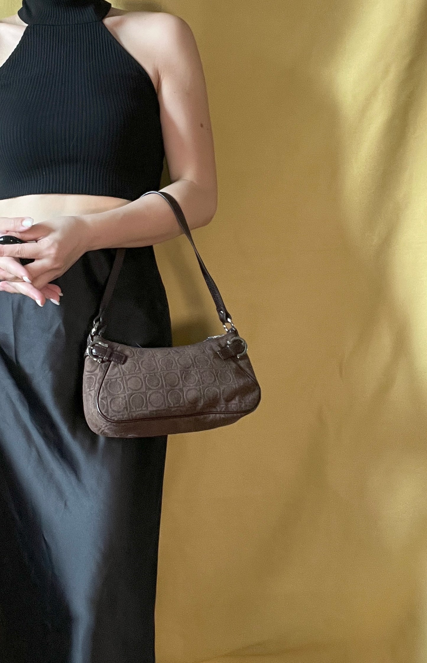 Ferragamo Gancini-print Shoulder Bag中古馬蹄扣啡色腋下包手提袋