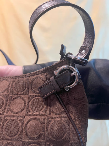 Ferragamo Gancini-print Shoulder Bag中古馬蹄扣啡色腋下包手提袋