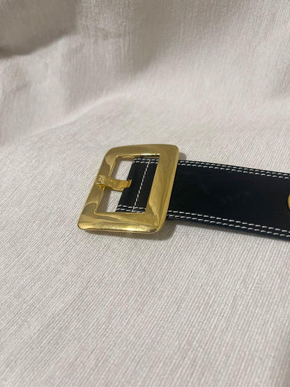 Celine稀有白色車線金球徽章深藍色粗皮帶腰帶 日本中古Vintage