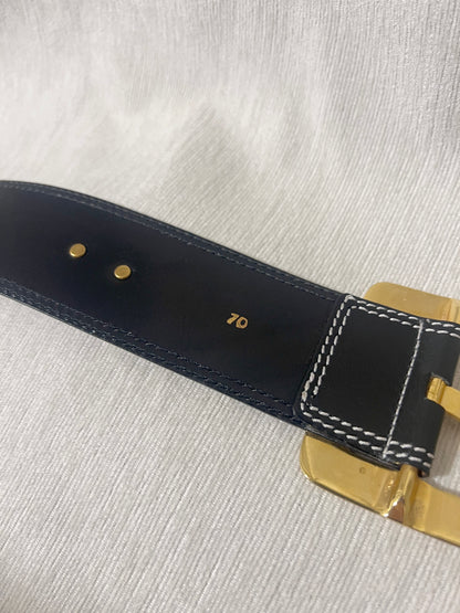 Celine稀有白色車線金球徽章深藍色粗皮帶腰帶 日本中古Vintage