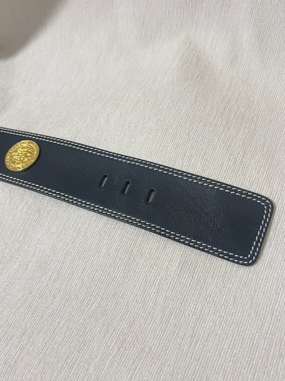 Celine稀有白色車線金球徽章深藍色粗皮帶腰帶 日本中古Vintage
