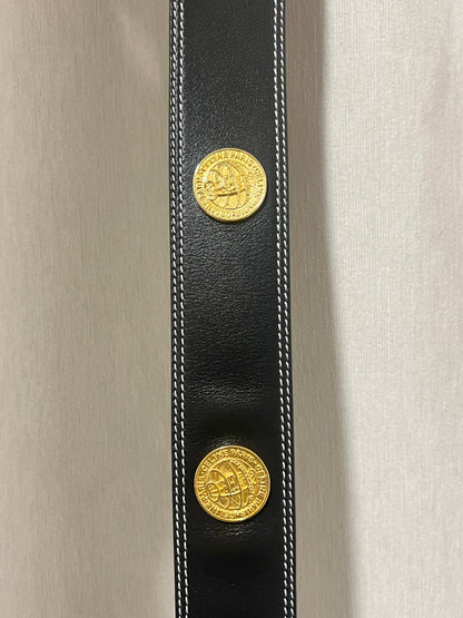 Celine稀有白色車線金球徽章深藍色粗皮帶腰帶 日本中古Vintage