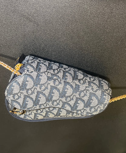 Dior深藍色馬鞍手拿包肩背側肩袋 贈金屬肩帶及珍珠吊飾 中古Vintage