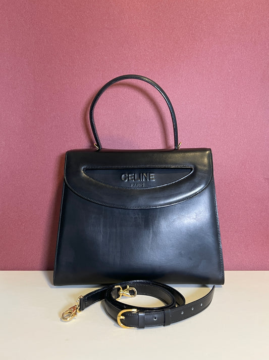 Celine席琳獨特開蓋設計黑色皮革中古手提袋肩背包 日本vintage