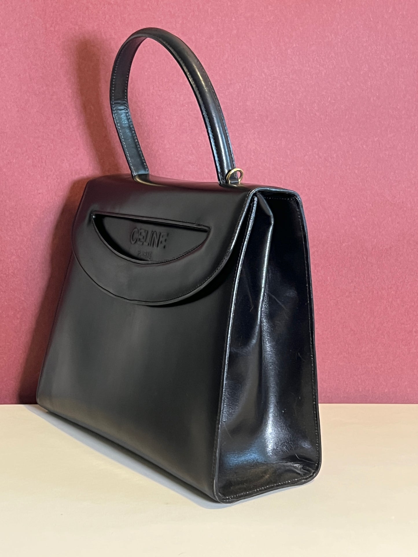 Celine席琳獨特開蓋設計黑色皮革中古手提袋肩背包 日本vintage