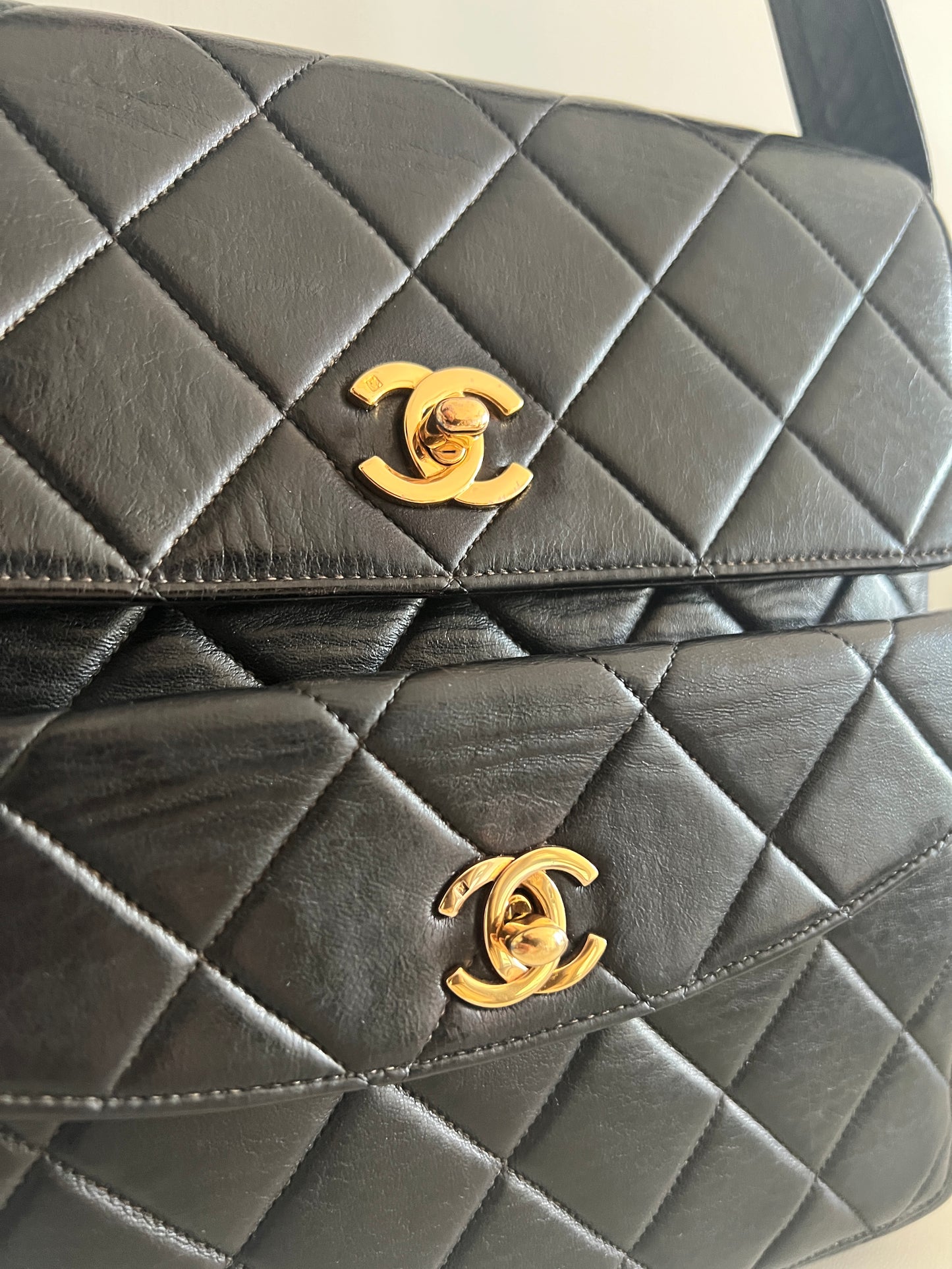 Chanel1996罕有黑色皮革雙層CC扣肩背袋手提包 中古vintage