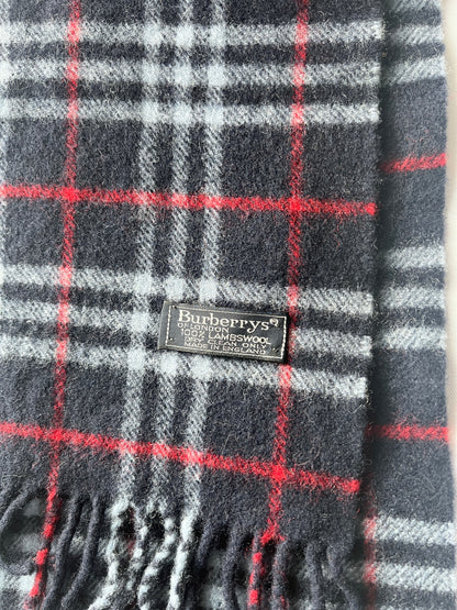 Burberry深藍色經典格紋流蘇圍頸巾 日本中古Vintage