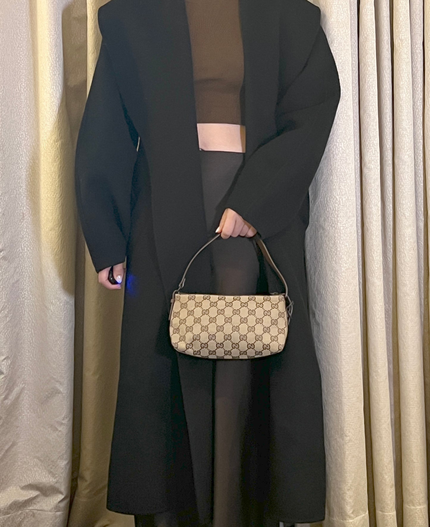 Gucci皮革手柄啡色老花手提肩背側肩袋