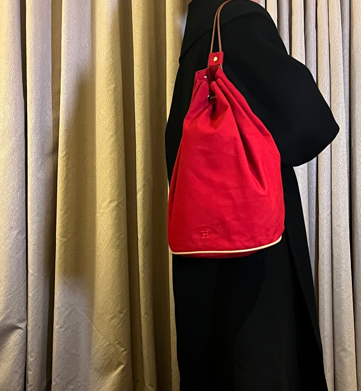 HERMES Vintage Backpack中古紅色帆布金扣皮革肩帶背包皮肩背袋
