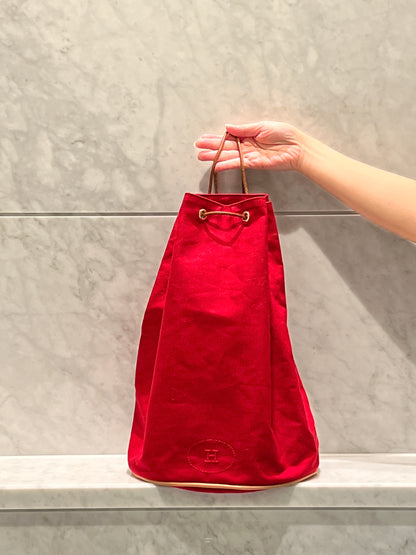 HERMES Vintage Backpack中古紅色帆布金扣皮革肩帶背包皮肩背袋