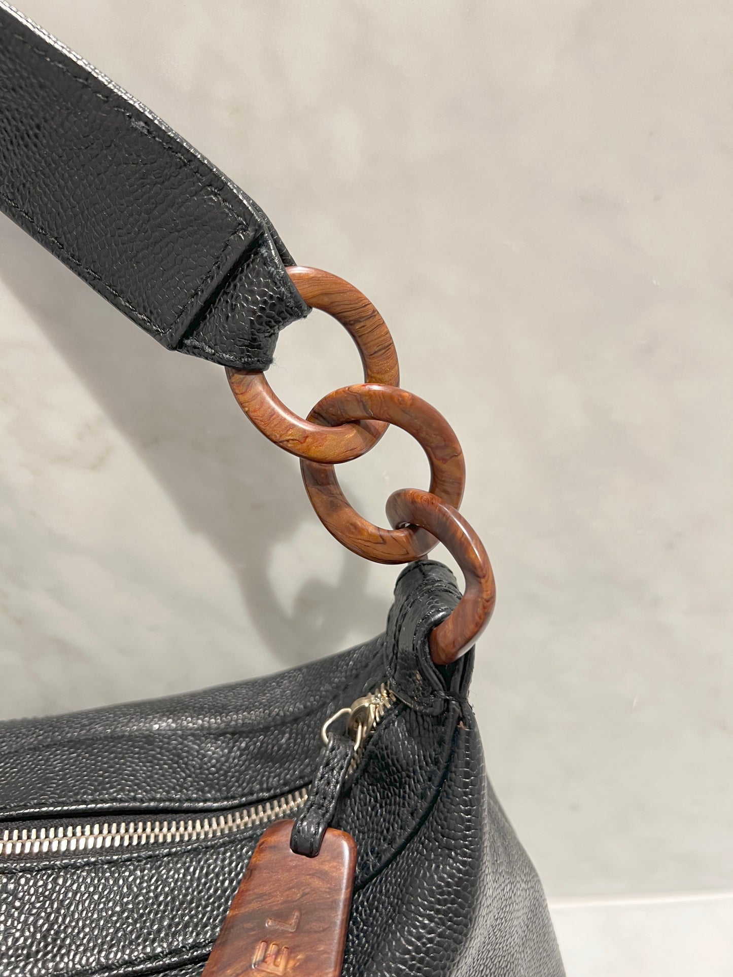 Chanel hobo木連接黑色手袋肩側背包 有卡貼 絕版稀有中古美品