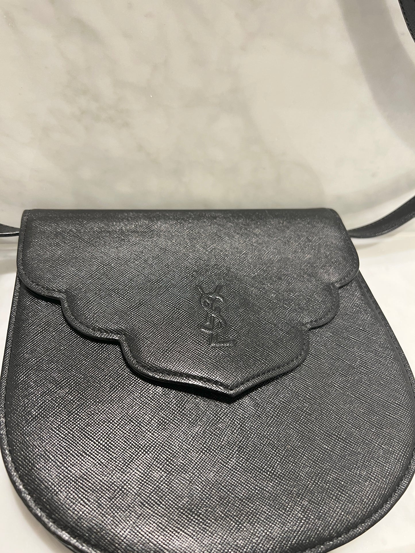 YSL稀有中古黑色十字紋風琴腋下肩背側肩手提包 可調節肩帶 日本vintage