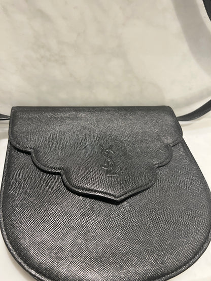 YSL稀有中古黑色十字紋風琴腋下肩背側肩手提包 可調節肩帶 日本vintage