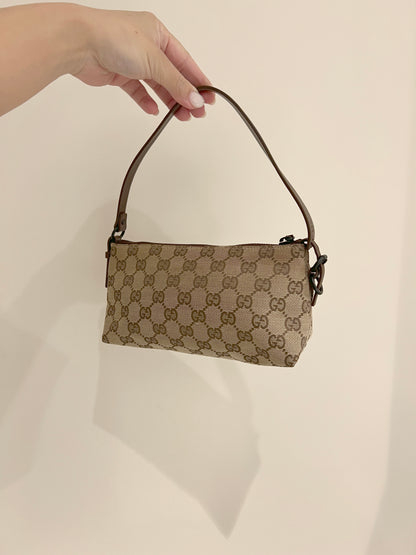Gucci皮革手柄啡色老花手提肩背側肩袋